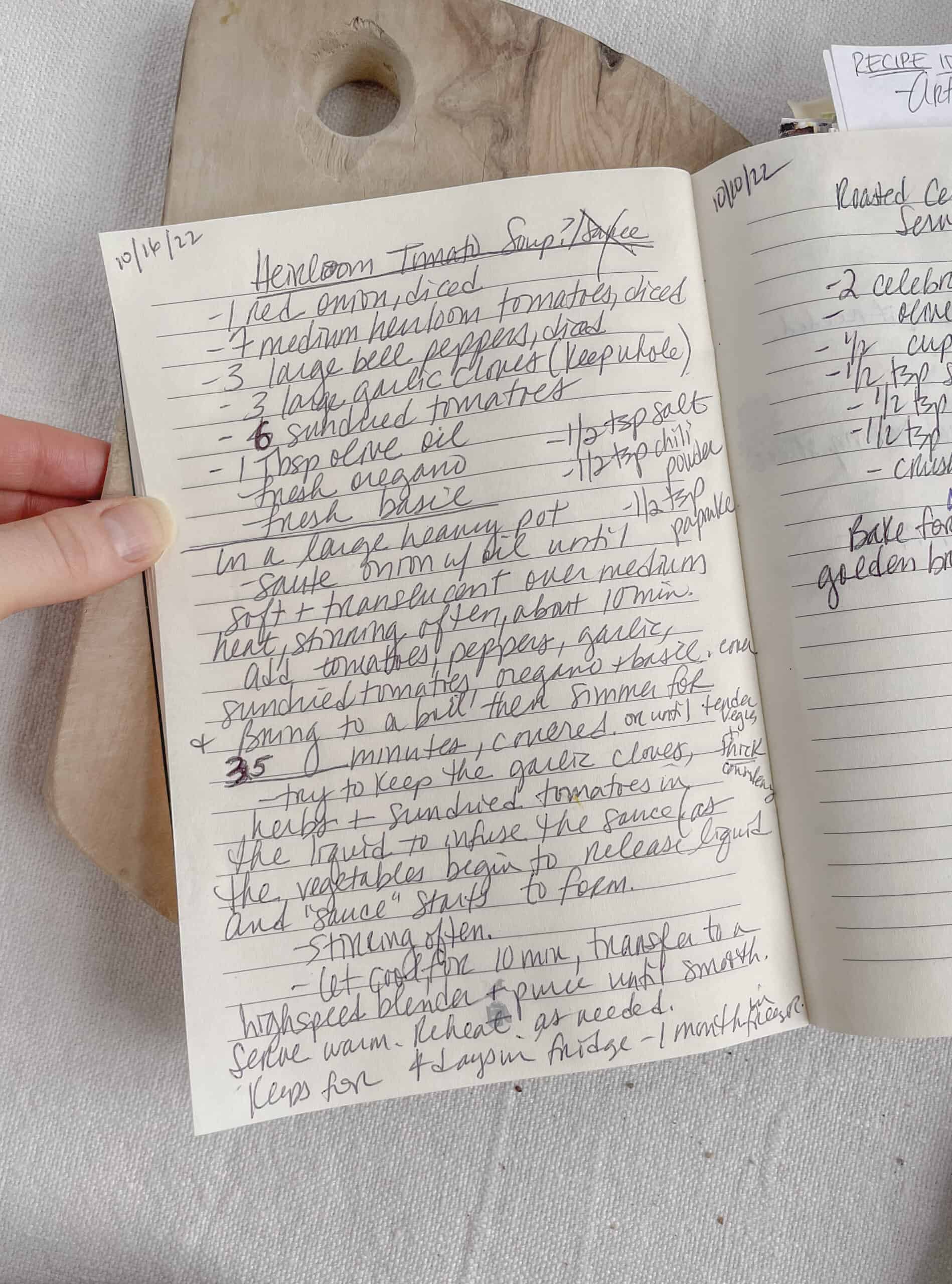 recipe card written out in pen for the heirloom tomato soup.