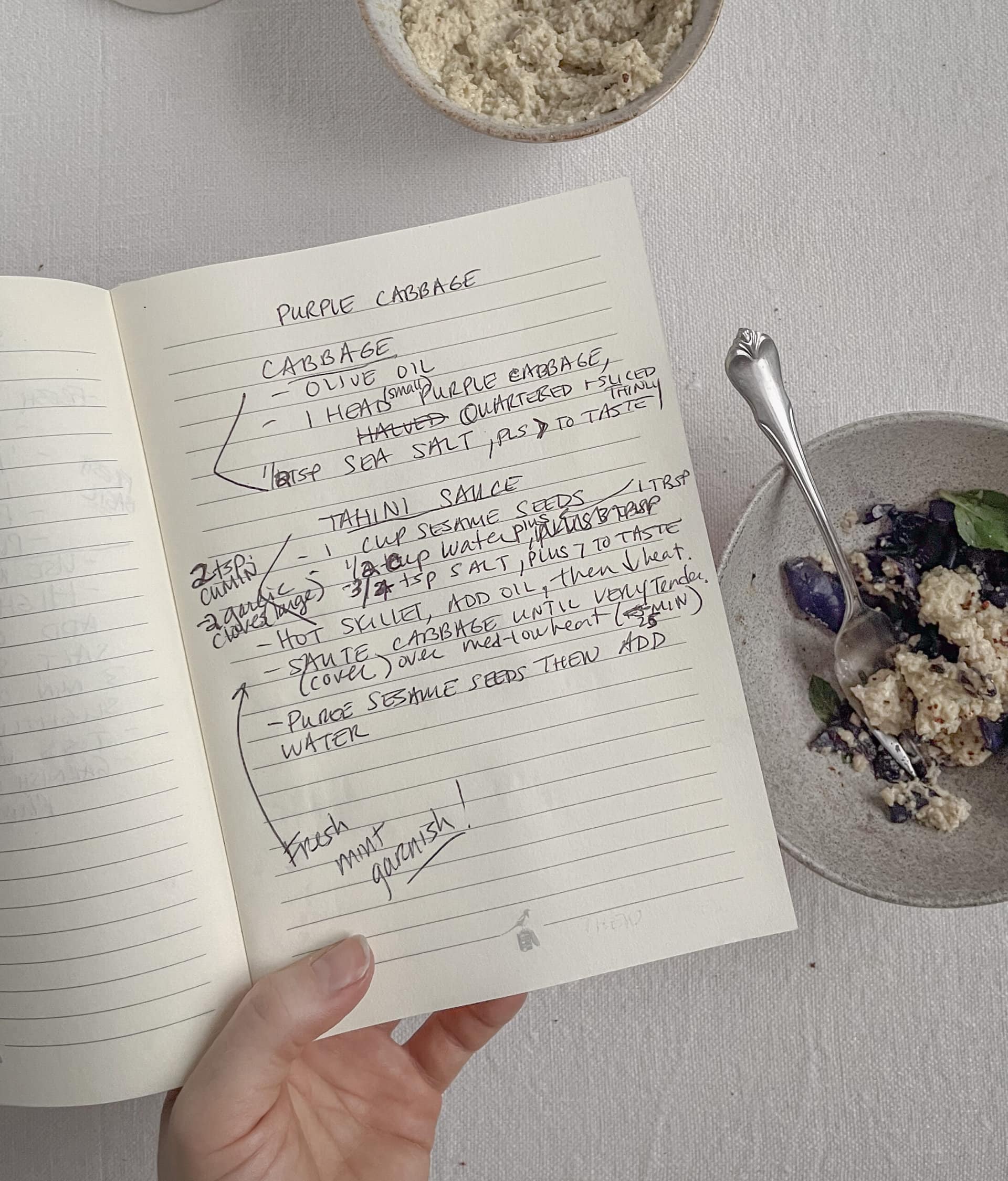 recipe card written out in pen for the sauteed cabbage