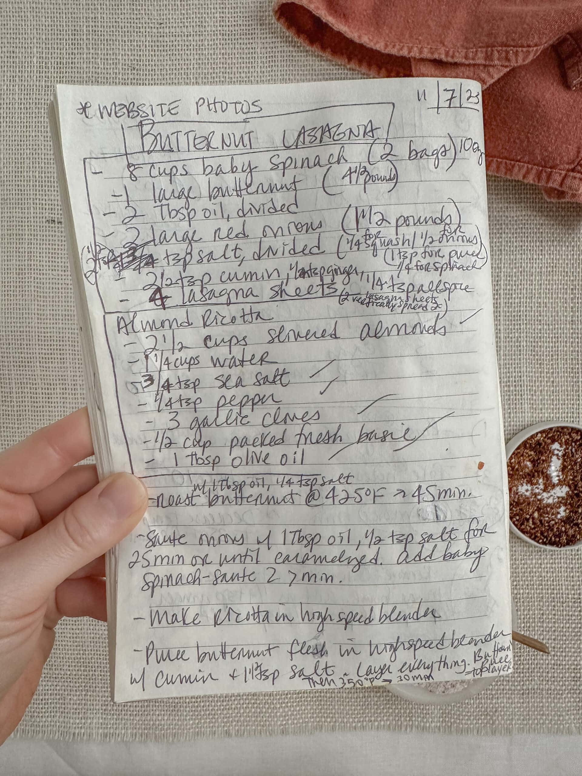 recipe card written out in pen for the lasagna