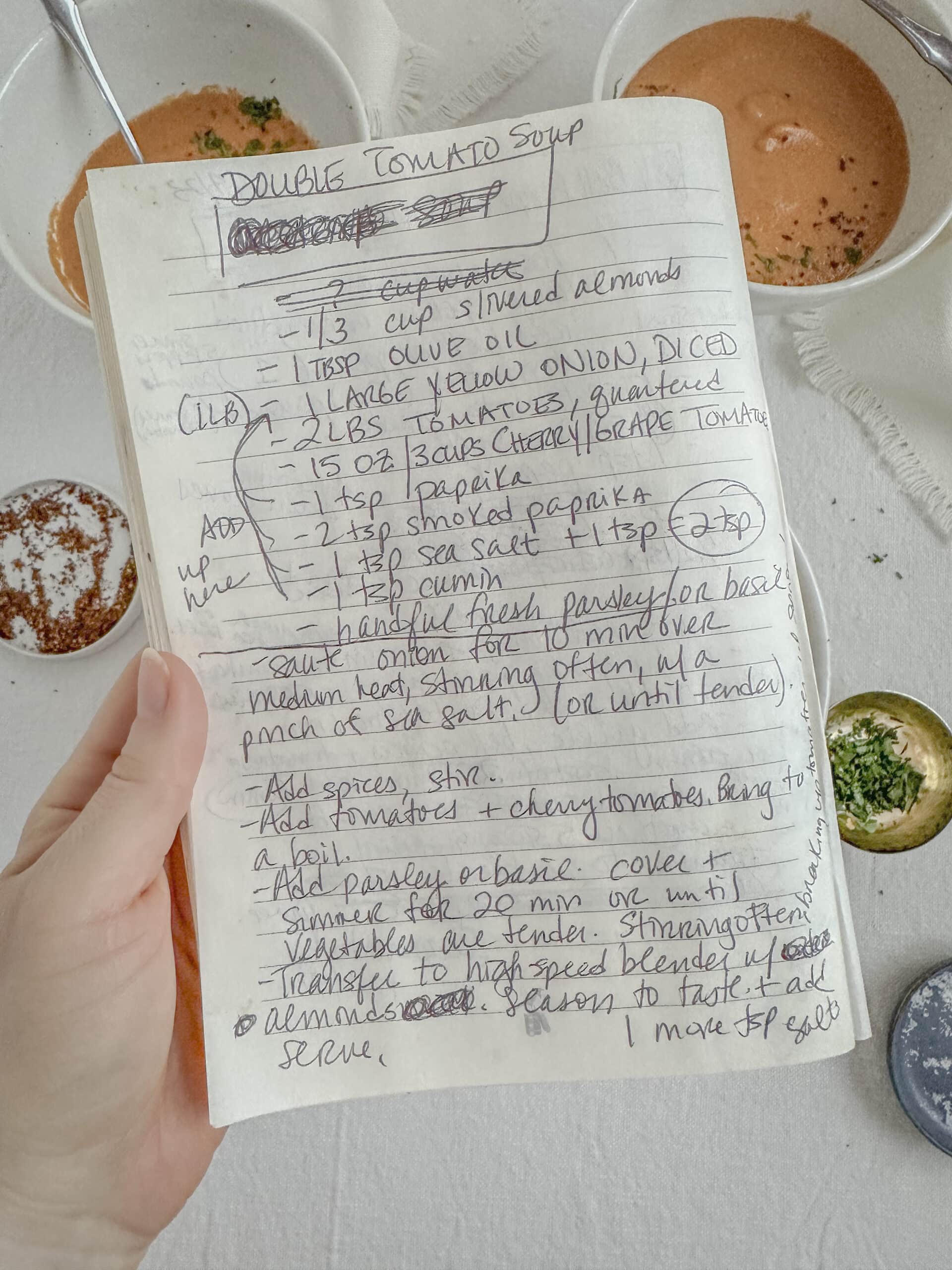recipe card handwritten for the double tomato soup recipe